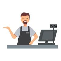 Smiling cashier working at checkout counter in grocery store vector