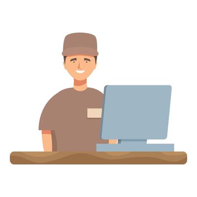 Smiling delivery man sitting at desk using desktop computer