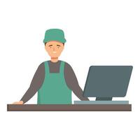 Supermarket cashier standing at checkout counter working on computer vector