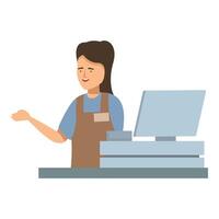Smiling cashier working at supermarket checkout counter pointing with hand at something vector