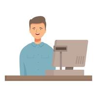 Smiling cashier working at checkout counter with cash register vector