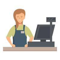 Female cashier standing at checkout counter with computer, cashbox and pos terminal vector