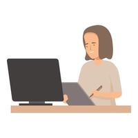 Woman designer using graphic tablet and pen display while working on laptop at desk vector
