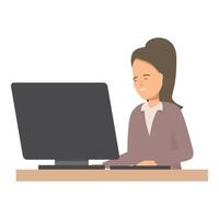 Young businesswoman smiling and working on desktop computer at office desk vector