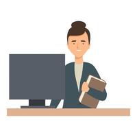 Smiling businesswoman holding book sitting at desk working on computer vector