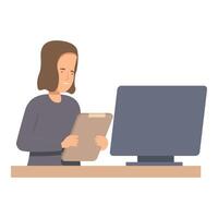 Office worker managing tasks, working on a computer and writing on a clipboard vector