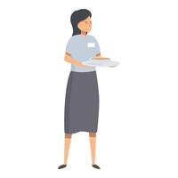 Young waitress holding a plate with a bowl of soup on it vector