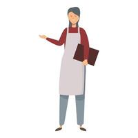 Senior female small business owner holding digital tablet and gesturing with hand vector