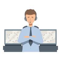 Confident air traffic controller wearing headset working in control tower vector