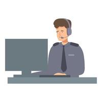 Security guard wearing headset working on computer at desk vector