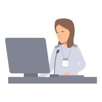 Airport employee sitting at desk and working on computer with microphone vector