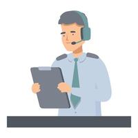 Airline pilot wearing headset is holding a checklist and smiling vector