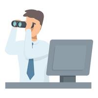 Businessman looking through binoculars sitting at desk in office vector