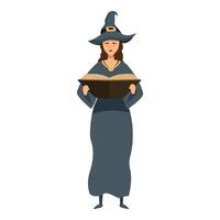 Young witch reading magic book wearing pointed hat vector