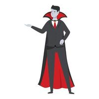 Elegant vampire in suit and cape gesturing with hand vector