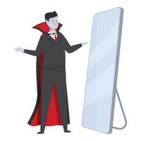 Elegant vampire looking at reflection in mirror wearing suit and cape vector