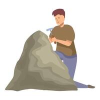Geologist kneeling and using pickaxe on rock for examination vector