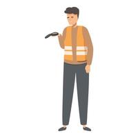 Warehouse worker holding handheld scanner scanning barcode standing smiling vector