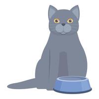 Grey cat sitting near empty bowl vector