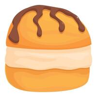 Sweet round cake is filled with white cream and topped with a chocolate drizzle vector