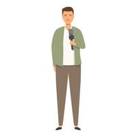 Journalist holding microphone, making interview, talking to public, tv news program, live report vector