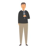 Smiling journalist holding microphone, reporting breaking news vector