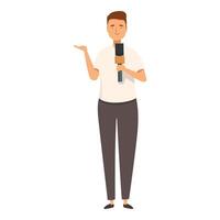 Smiling male journalist holding microphone and gesturing with hand vector