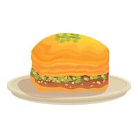 Baklava sitting on plate drizzled with honey and pistachios vector