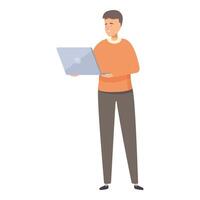 Male freelancer is standing and working on a laptop computer vector