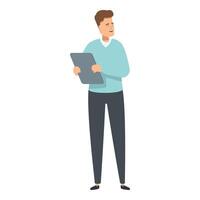 Young man holding tablet and smiling, planning project and brainstorming new ideas vector