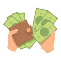 Person holding wallet and counting money bills vector