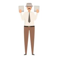 Moustached man holding two placards while wearing a hat vector