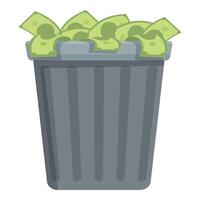 Trash can overflowing with money illustrating wasteful spending vector