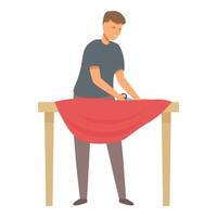 Tailor cutting fabric on table with scissors vector