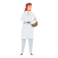 Smiling female scientist holding flask and spatula making experiment vector
