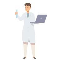 Scientist holding test tube and using laptop analyzing data vector