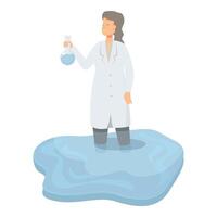 Female scientist standing in water holding a flask, climate change concept vector