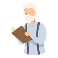 White haired professor reading a book with concentration vector