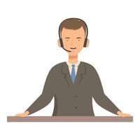 Male call center operator wearing headset smiling leaning on counter vector