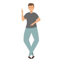 Young man standing on one leg pointing with finger explaining something vector