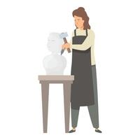 Female sculptor chiseling stone bust with mallet and chisel on stand vector