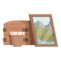 Wooden crate with painting leaning on it and flowerpot in front of it vector