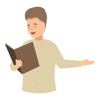 Young man reading book aloud and pointing with hand vector