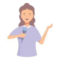 Young woman speaking with microphone holding microphone and gesturing with hand vector