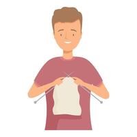 Smiling young man knitting with wool and needles, enjoying craft hobby vector