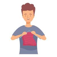 Young man knitting with needles and wool, enjoying creative hobby vector