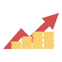 Red arrow pointing up over increasing stacks of coins vector