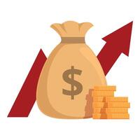 Money bag increasing with growing up arrow and stack of coins vector
