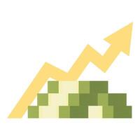 Stack of money increasing depicting growth with upward arrow vector