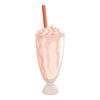 Tall glass of strawberry milkshake is topped with whipped cream and a red straw vector